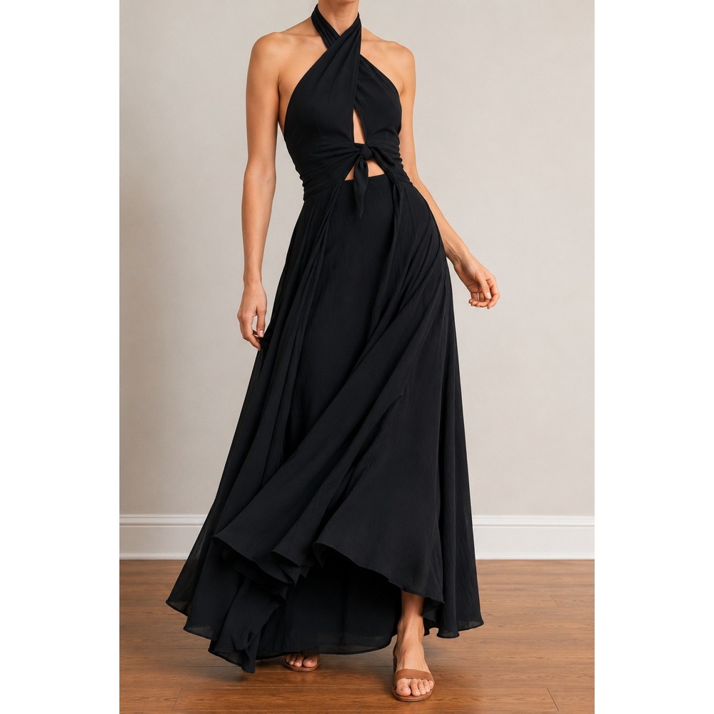 Free People My Long Time Love Maxi Dress XL Black Halter Cutout Open Back Boho